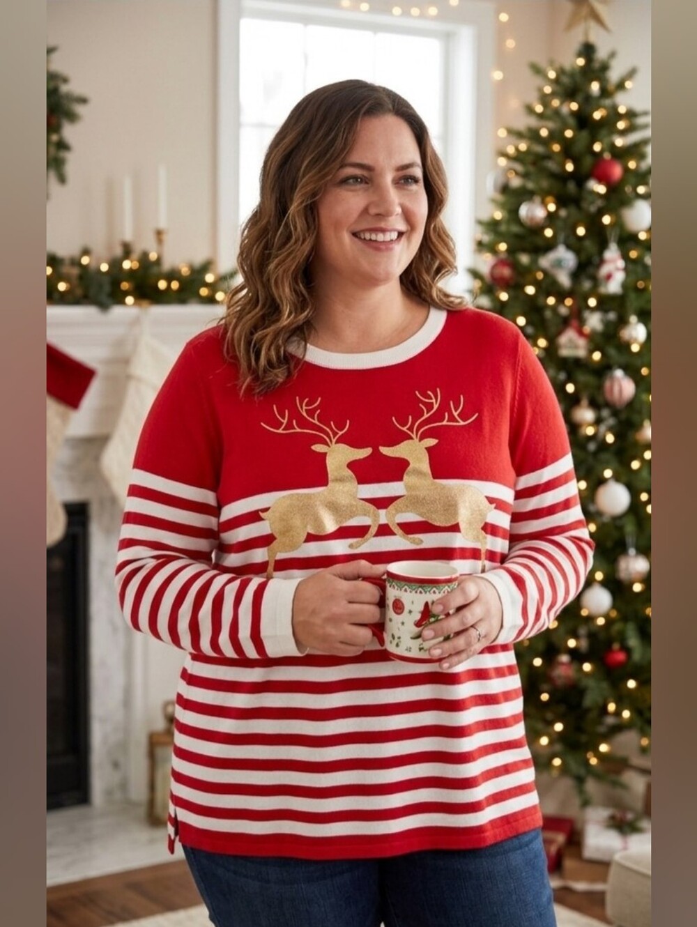 crown & ivy Red White Striped Sweater with Gold Reindeer XXL